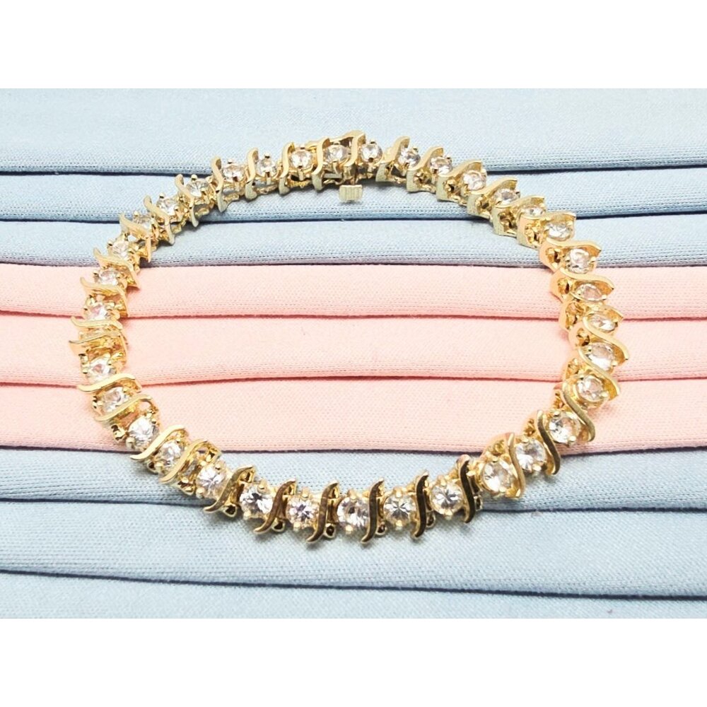 Unique 14K Solid Yellow Gold Designer White Sapphire Tennis Link Bracelet - 7" L